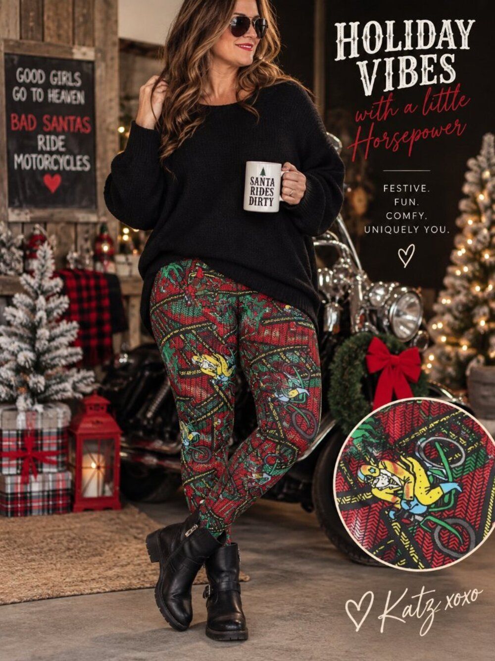 LuLaRoe TC2 Santa Motorcycle Leggings Christmas Holiday Biker Plus Size 2X 3X